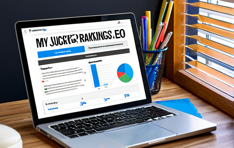 **
A vibrant blog post headline example on a laptop screen: "Unlock Top Rankings: My Proven SEO Secrets" with a visual representation of SEO success (e.g., a graph trending upwards, a key unlocking a treasure chest). The surrounding workspace is clean and modern, suggesting productivity and expertise.
**