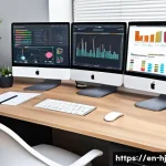 Home 22 정보 계층화 글쓰기의 다양한 사례 연구 - A modern digital workspace scene showing a content creator’s desk with multiple layered screens disp...