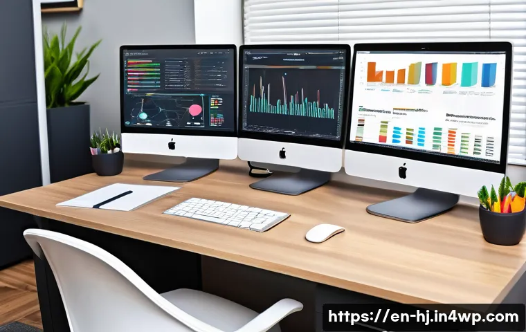 정보 계층화 글쓰기의 다양한 사례 연구 - A modern digital workspace scene showing a content creator’s desk with multiple layered screens disp...