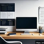 Home 20 정보 계층화 글쓰기의 역사적 배경 - A detailed digital illustration of a modern writer’s workspace featuring a large computer monitor di...