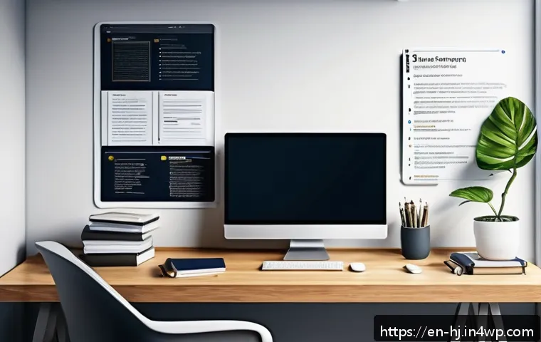 정보 계층화 글쓰기의 역사적 배경 - A detailed digital illustration of a modern writer’s workspace featuring a large computer monitor di...