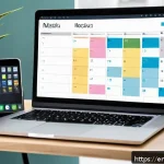 Home 19 정보 계층화와 워크플로우 관리 - A modern home office setup with a clean, organized desk featuring a laptop displaying a colorful Eis...