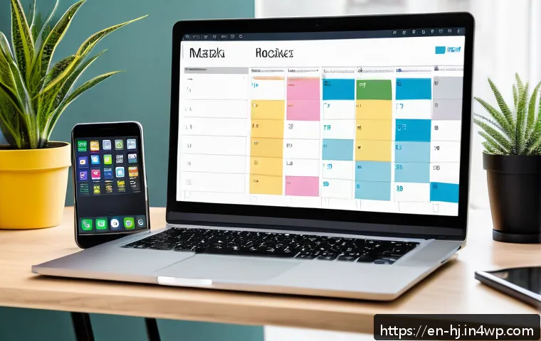 정보 계층화와 워크플로우 관리 - A modern home office setup with a clean, organized desk featuring a laptop displaying a colorful Eis...