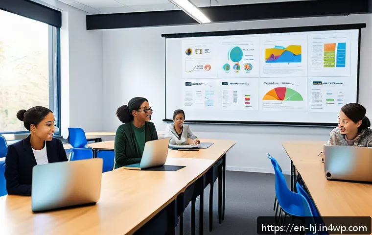 효과적인 정보 계층화를 위한 교육 자료 - A modern, bright digital classroom scene showing a diverse group of adult learners engaging with an ...